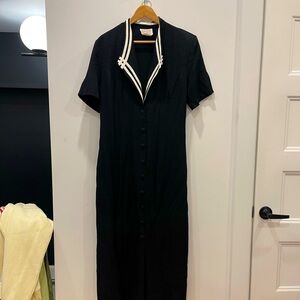 Vintage Black Long Sleeve Dress with White Accents